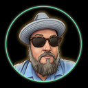 Stylized portrait of K: a bearded man in sunglasses and a straw fedora, inside a mint-green glowing ring on a black background