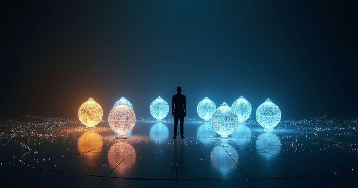 A human silhouette stands in a wide circle of seven glowing crystalline AI minds, gold and blue light on a near-black background — an AI panel in council around a person